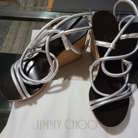 Brand NEW Silver Jimmy Choo Wedge Lace-Up Sandals - Picture 3 of 5